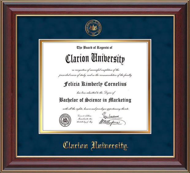 Image of Clarion University of Pennsylvania Diploma Frame - Cherry Lacquer - w/Embossed Seal & Name - Navy Suede on Gold mat