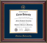 Image of Clarion University of Pennsylvania Diploma Frame - Cherry Lacquer - w/Embossed Seal & Name - Navy on Gold mat