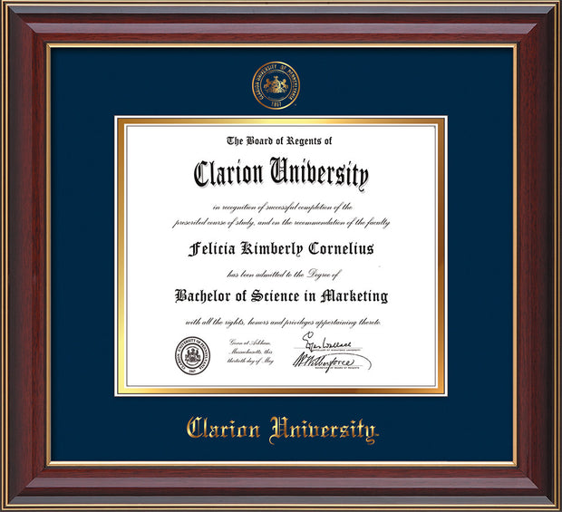 Image of Clarion University of Pennsylvania Diploma Frame - Cherry Lacquer - w/Embossed Seal & Name - Navy on Gold mat
