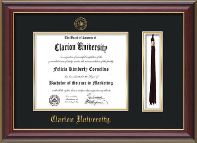 Image of Clarion University of Pennsylvania Diploma Frame - Cherry Lacquer - w/Embossed Seal & Name - Tassel Holder - Black on Gold mat