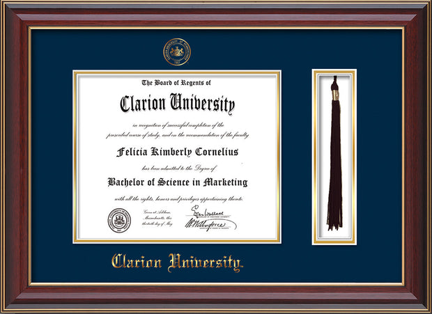 Image of Clarion University of Pennsylvania Diploma Frame - Cherry Lacquer - w/Embossed Seal & Name - Tassel Holder - Navy on Gold mat