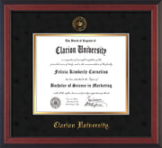 Image of Clarion University of Pennsylvania Diploma Frame - Cherry Reverse - w/Embossed Seal & Name - Black Suede on Gold mat