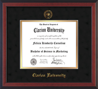 Image of Clarion University of Pennsylvania Diploma Frame - Cherry Reverse - w/Embossed Seal & Name - Black Suede on Gold mat
