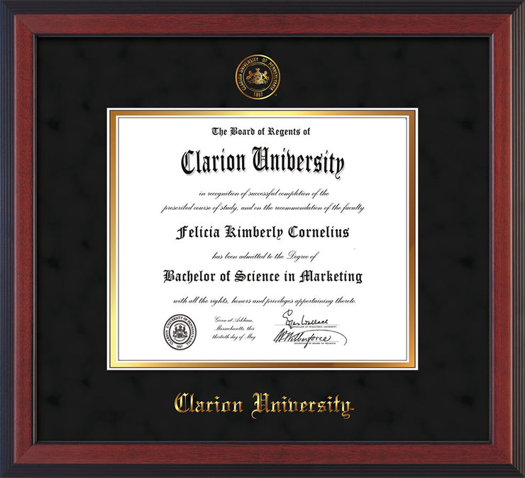 Image of Clarion University of Pennsylvania Diploma Frame - Cherry Reverse - w/Embossed Seal & Name - Black Suede on Gold mat