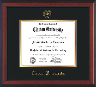 Image of Clarion University of Pennsylvania Diploma Frame - Cherry Reverse - w/Embossed Seal & Name - Black on Gold mat