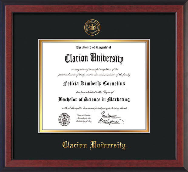 Image of Clarion University of Pennsylvania Diploma Frame - Cherry Reverse - w/Embossed Seal & Name - Black on Gold mat