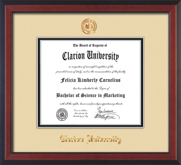 Image of Clarion University of Pennsylvania Diploma Frame - Cherry Reverse - w/Embossed Seal & Name - Cream on Black mat