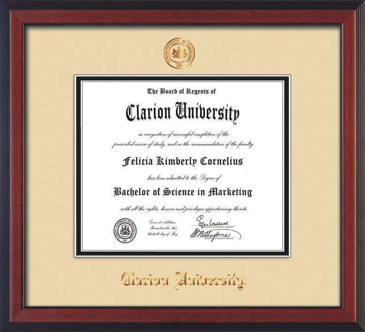 Image of Clarion University of Pennsylvania Diploma Frame - Cherry Reverse - w/Embossed Seal & Name - Cream on Black mat