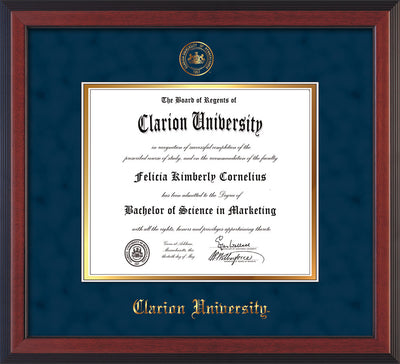 Image of Clarion University of Pennsylvania Diploma Frame - Cherry Reverse - w/Embossed Seal & Name - Navy Suede on Gold mat