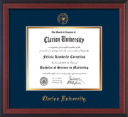 Image of Clarion University of Pennsylvania Diploma Frame - Cherry Reverse - w/Embossed Seal & Name - Navy on Gold mat