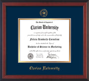 Image of Clarion University of Pennsylvania Diploma Frame - Cherry Reverse - w/Embossed Seal & Name - Navy on Gold mat