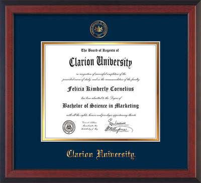 Image of Clarion University of Pennsylvania Diploma Frame - Cherry Reverse - w/Embossed Seal & Name - Navy on Gold mat