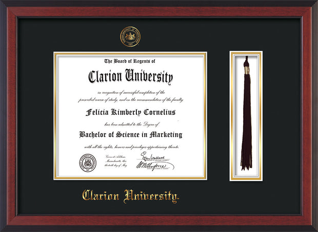 Image of Clarion University of Pennsylvania Diploma Frame - Cherry Reverse - w/Embossed Seal & Name - Tassel Holder - Black on Gold mat