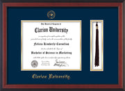 Image of Clarion University of Pennsylvania Diploma Frame - Cherry Reverse - w/Embossed Seal & Name - Tassel Holder - Navy on Gold mat