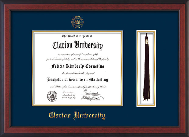 Image of Clarion University of Pennsylvania Diploma Frame - Cherry Reverse - w/Embossed Seal & Name - Tassel Holder - Navy on Gold mat