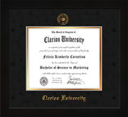 Image of Clarion University of Pennsylvania Diploma Frame - Flat Matte Black - w/Embossed Seal & Name - Black Suede on Gold mat