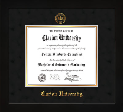 Image of Clarion University of Pennsylvania Diploma Frame - Flat Matte Black - w/Embossed Seal & Name - Black Suede on Gold mat