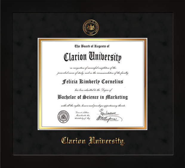 Image of Clarion University of Pennsylvania Diploma Frame - Flat Matte Black - w/Embossed Seal & Name - Black Suede on Gold mat