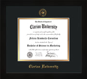 Image of Clarion University of Pennsylvania Diploma Frame - Flat Matte Black - w/Embossed Seal & Name - Black on Gold mat