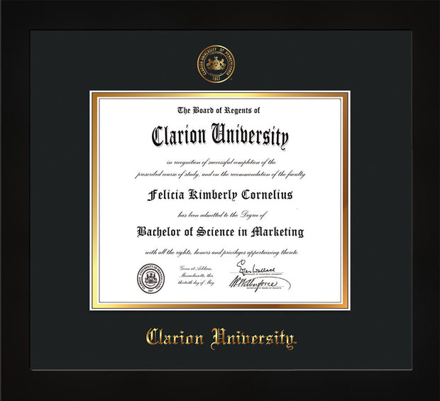 Image of Clarion University of Pennsylvania Diploma Frame - Flat Matte Black - w/Embossed Seal & Name - Black on Gold mat