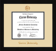 Image of Clarion University of Pennsylvania Diploma Frame - Flat Matte Black - w/Embossed Seal & Name - Cream on Black mat