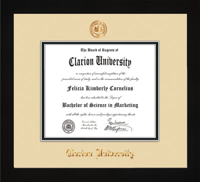 Image of Clarion University of Pennsylvania Diploma Frame - Flat Matte Black - w/Embossed Seal & Name - Cream on Black mat