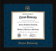 Image of Clarion University of Pennsylvania Diploma Frame - Flat Matte Black - w/Embossed Seal & Name - Navy Suede on Gold mat