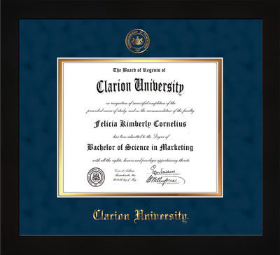 Image of Clarion University of Pennsylvania Diploma Frame - Flat Matte Black - w/Embossed Seal & Name - Navy Suede on Gold mat