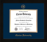 Image of Clarion University of Pennsylvania Diploma Frame - Flat Matte Black - w/Embossed Seal & Name - Navy on Gold mat