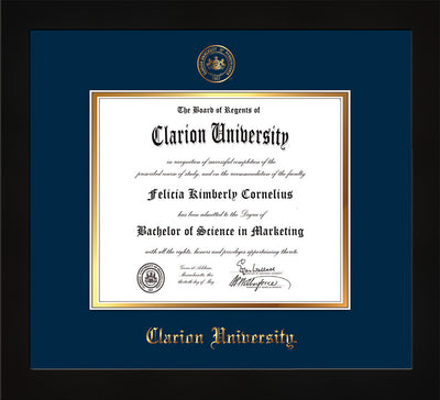 Image of Clarion University of Pennsylvania Diploma Frame - Flat Matte Black - w/Embossed Seal & Name - Navy on Gold mat