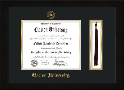 Image of Clarion University of Pennsylvania Diploma Frame - Flat Matte Black - w/Embossed Seal & Name - Tassel Holder - Black on Gold mat
