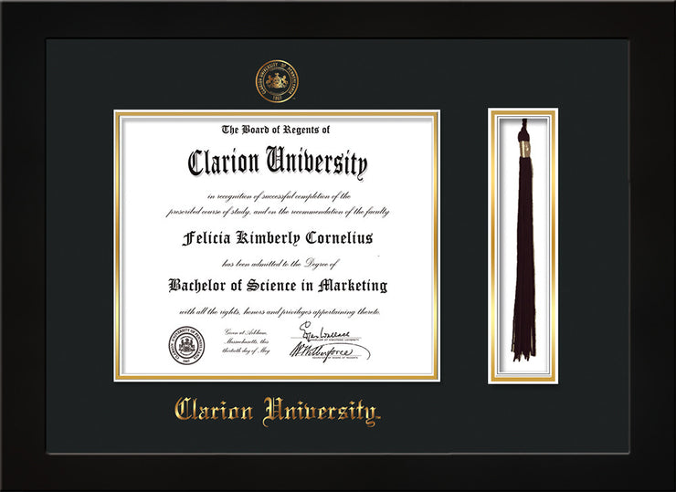 Image of Clarion University of Pennsylvania Diploma Frame - Flat Matte Black - w/Embossed Seal & Name - Tassel Holder - Black on Gold mat