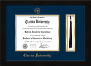 Image of Clarion University of Pennsylvania Diploma Frame - Flat Matte Black - w/Embossed Seal & Name - Tassel Holder - Navy on Gold mat