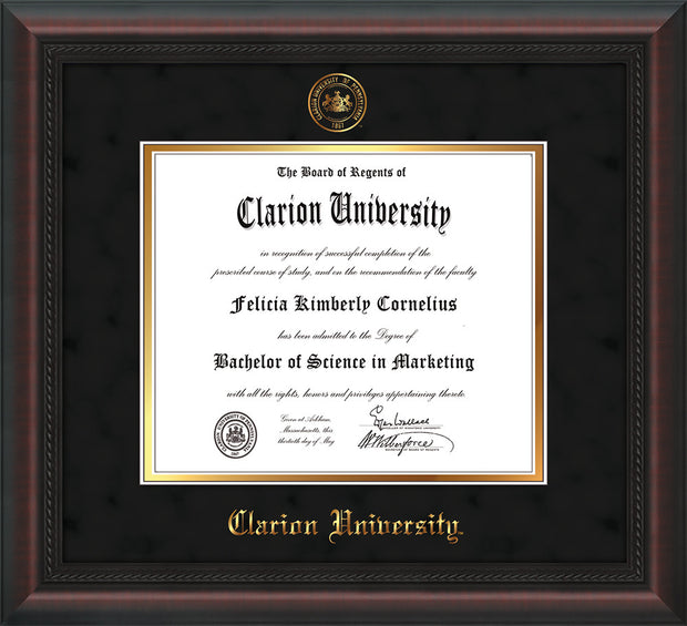 Image of Clarion University of Pennsylvania Diploma Frame - Mahogany Braid - w/Embossed Seal & Name - Black Suede on Gold mat
