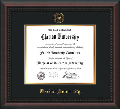 Image of Clarion University of Pennsylvania Diploma Frame - Mahogany Braid - w/Embossed Seal & Name - Black on Gold mat