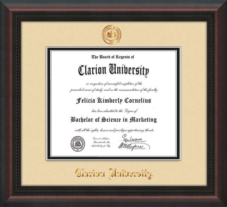 Image of Clarion University of Pennsylvania Diploma Frame - Mahogany Braid - w/Embossed Seal & Name - Cream on Black mat