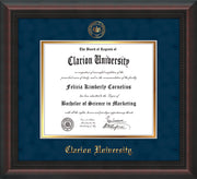 Image of Clarion University of Pennsylvania Diploma Frame - Mahogany Braid - w/Embossed Seal & Name - Navy Suede on Gold mat