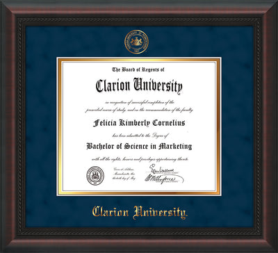 Image of Clarion University of Pennsylvania Diploma Frame - Mahogany Braid - w/Embossed Seal & Name - Navy Suede on Gold mat