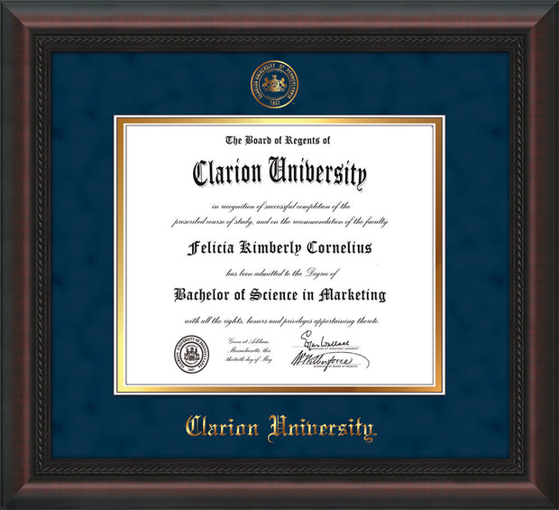 Image of Clarion University of Pennsylvania Diploma Frame - Mahogany Braid - w/Embossed Seal & Name - Navy Suede on Gold mat