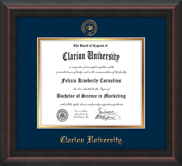 Image of Clarion University of Pennsylvania Diploma Frame - Mahogany Braid - w/Embossed Seal & Name - Navy on Gold mat