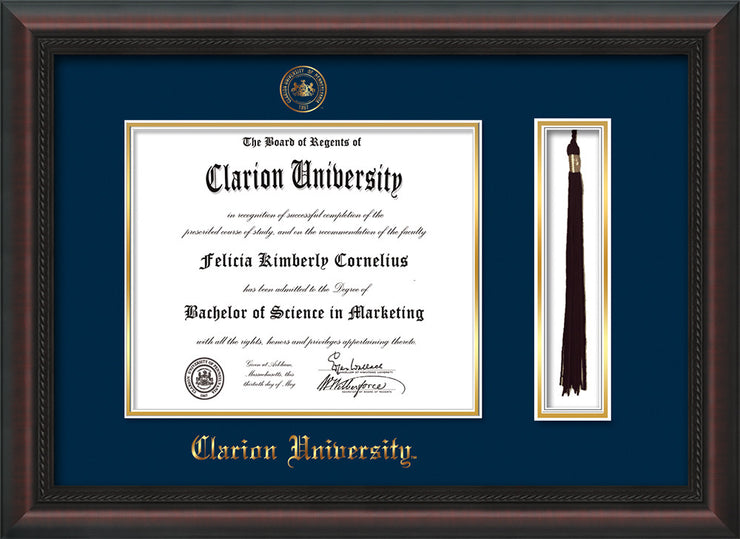 Image of Clarion University of Pennsylvania Diploma Frame - Mahogany Braid - w/Embossed Seal & Name - Tassel Holder - Navy on Gold mat