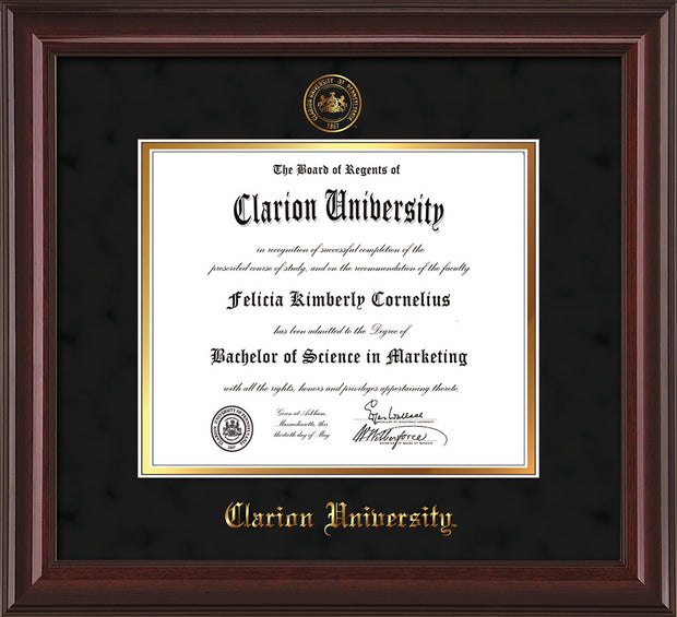 Image of Clarion University of Pennsylvania Diploma Frame - Mahogany Lacquer - w/Embossed Seal & Name - Black Suede on Gold mat