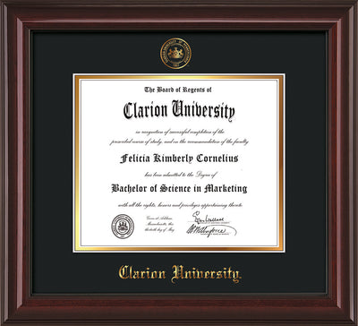 Image of Clarion University of Pennsylvania Diploma Frame - Mahogany Lacquer - w/Embossed Seal & Name - Black on Gold mat