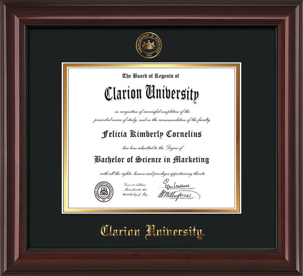 Image of Clarion University of Pennsylvania Diploma Frame - Mahogany Lacquer - w/Embossed Seal & Name - Black on Gold mat