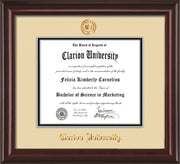 Image of Clarion University of Pennsylvania Diploma Frame - Mahogany Lacquer - w/Embossed Seal & Name - Cream on Black mat
