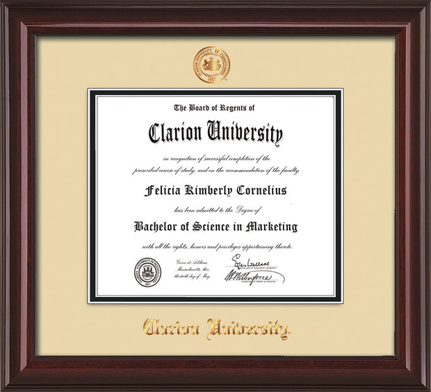 Image of Clarion University of Pennsylvania Diploma Frame - Mahogany Lacquer - w/Embossed Seal & Name - Cream on Black mat