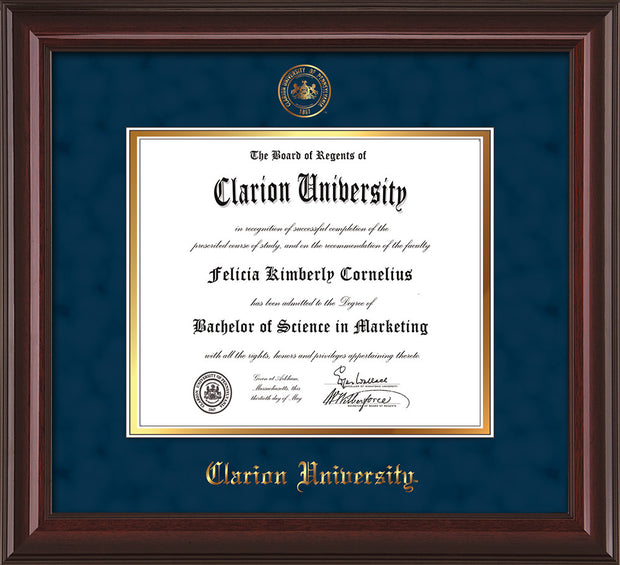 Image of Clarion University of Pennsylvania Diploma Frame - Mahogany Lacquer - w/Embossed Seal & Name - Navy Suede on Gold mat