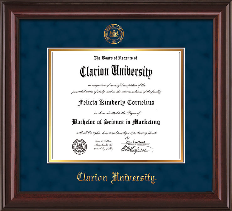 Image of Clarion University of Pennsylvania Diploma Frame - Mahogany Lacquer - w/Embossed Seal & Name - Navy Suede on Gold mat