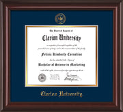 Image of Clarion University of Pennsylvania Diploma Frame - Mahogany Lacquer - w/Embossed Seal & Name - Navy on Gold mat