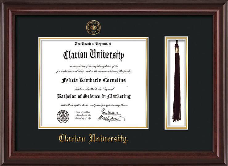 Image of Clarion University of Pennsylvania Diploma Frame - Mahogany Lacquer - w/Embossed Seal & Name - Tassel Holder - Black on Gold mat